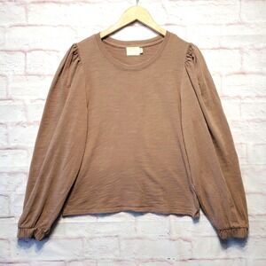 Nation LTD Shirt‎ Womens Medium Brown Puff Sleeve Cotton Earthy Minimalist Boho